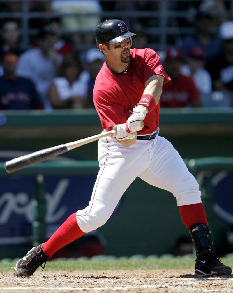 Jason Varitek of the Boston Red Sox takes a swing Friday during an exhibition against Washington. Varitek hit a three-run double during the 7-2 victory.