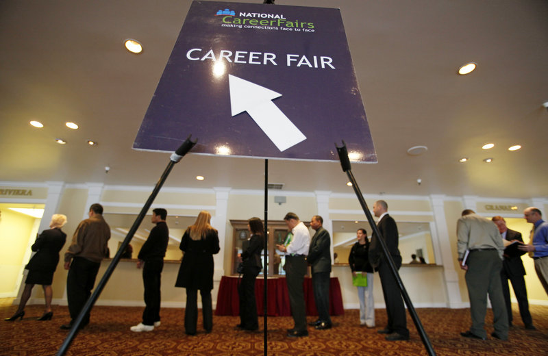 Job seekers attend a career fair put on by National CareerFairs in San Jose, Calif., on Tuesday. The nation’s economy created the largest number of jobs last month since the recession began, while the unemployment rate remained at 9.7 percent.