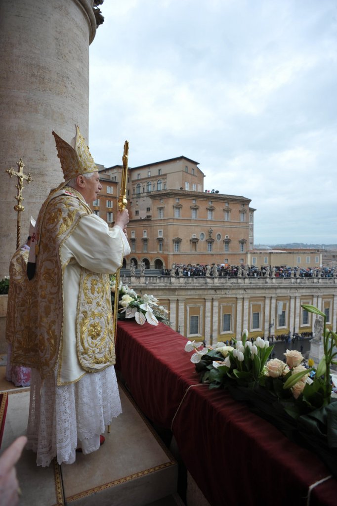 Pope Benedict XVI addresses the faithful at the end of Easter Mass in St. Peter’s Square on Sunday.