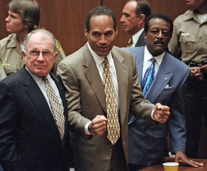 O.J. Simpson reacts as he is found not guilty of murdering his ex-wife Nicole Brown and her friend Ron Goldman, in Los Angeles in this Oct. 3, 1995, photo.