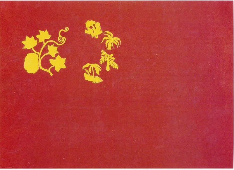 Mel Chin's woodcut "Flag of the Agricultural Revolution," 1996, at June Fitzpatrick Gallery