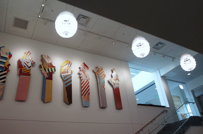 "Seven Sentinels," a painted installation by Frederick Lynch, has been tidied up and relocated in better light at the Portland Public Library.
