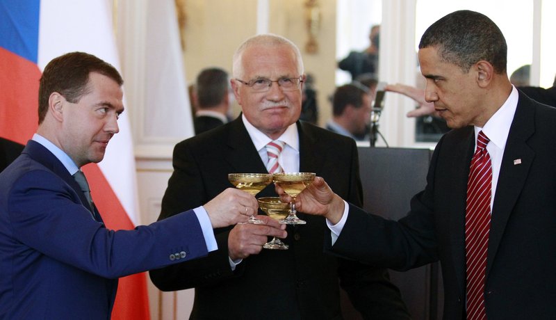 President Obama toasts with Russian President Dmitry Medvedev, left, and Czech Republic President Vaclav Klaus in Prague before signing a nuclear arms treaty Thursday.
