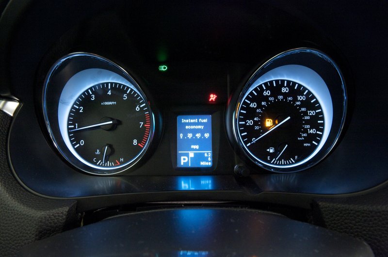 The instrument panel is bright and reads well, but the speedometer was off a few miles per hour.