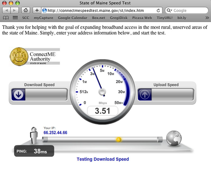 This is a screen grab of a Web page to report Internet connection speed in Maine. Users can go to connectmespeedtest.maine.gov to see how fast they can download and upload data.
