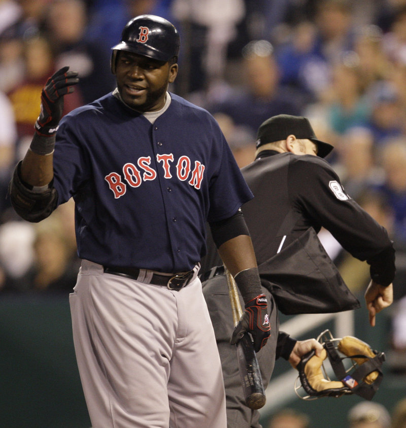 David Ortiz didn’t like umpire Mike Estabrook’s strike call, Estabrook didn’t like Ortiz’s objections, and poof, Ortiz was gone in the fifth inning of the Red Sox’s 4-3 loss.