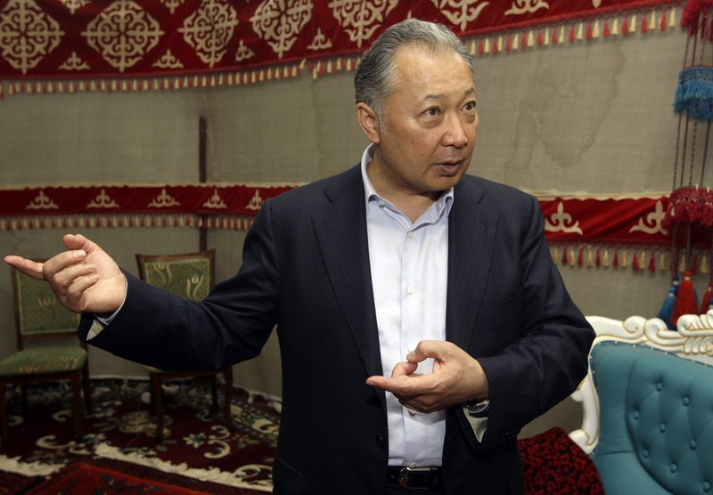 Kurmanbek Bakiyev, Kyrgyzstan’s deposed president, speaks during an interview Sunday. He said he had not ordered police to fire at protesters in the capital last week.
