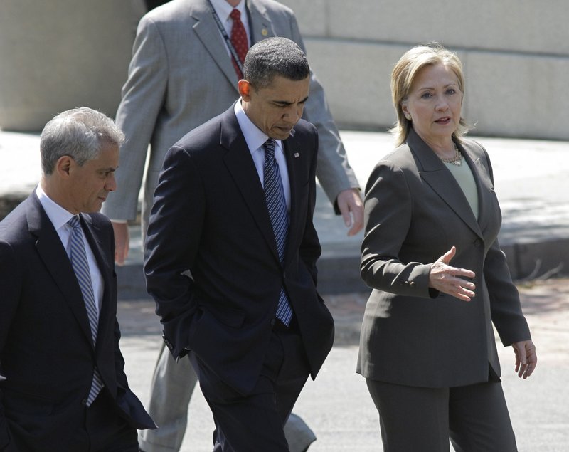 President Obama, with Secretary of State Hillary Rodham Clinton, right, and White House Chief of Staff Rahm Emanuel, walks to the Blair House for a series of one-on-one meetings with some of the leaders attending the Nuclear Security Summit in Washington on Sunday.