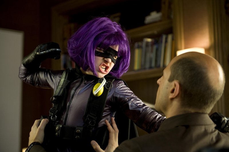 Chloe Moretz plays Hit-Girl and Mark Strong is a crime boss in “Kick-Ass,” which attempts to make fun of comic book stereotypes.