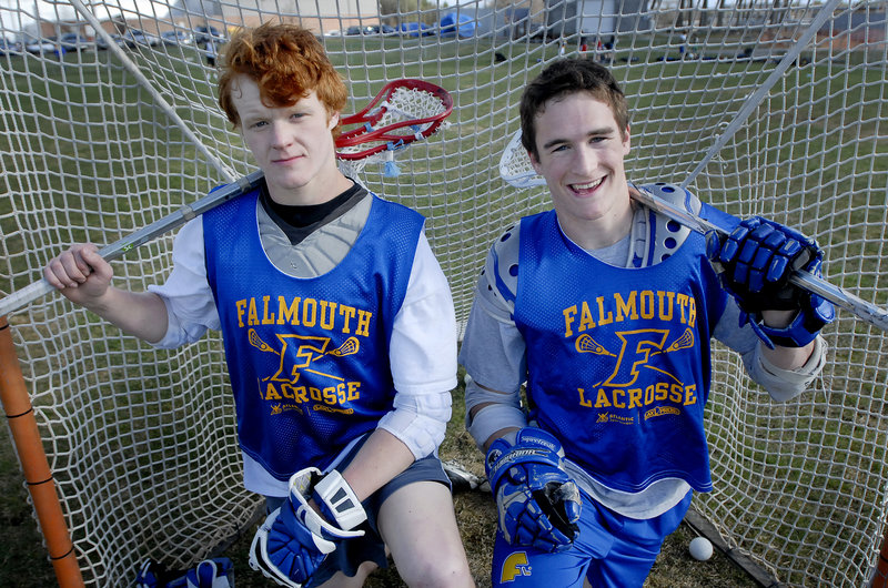 Mike Kane, left, and Dan Hanley are linemates for the Falmouth boys' lacrosse team.