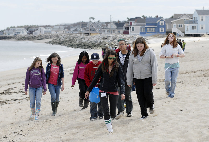Naturalist Jinx Bauer and Lincoln Middle School seventh-graders head onto Ferry Beach on Monday to learn about ecosystems near the mouth of the Saco River.