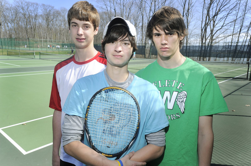 Waynflete will be a state tennis power again this season with three of the top players around. They are, left to right, Patrick Ordway, Brandon Thompson and Devin Van Dyke.