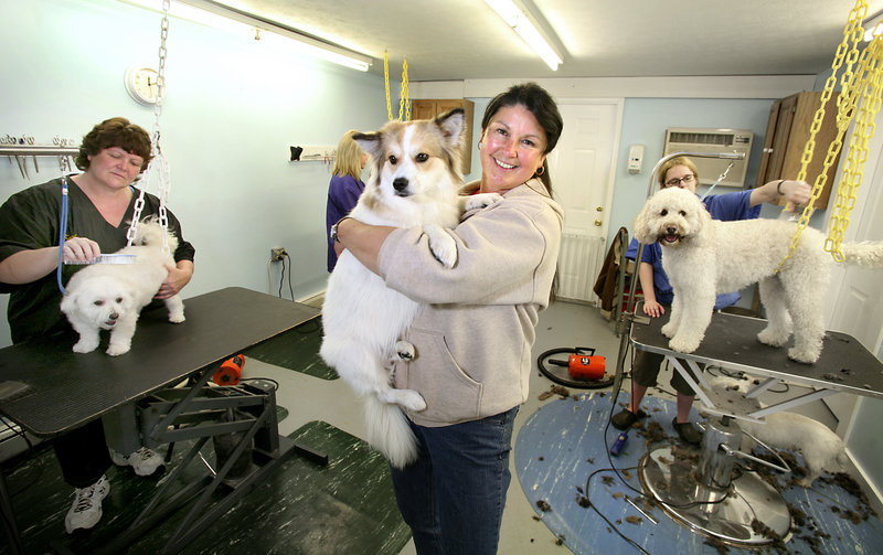 Jeanne Labonte, owner of Paw-zn-Around Doggy Daycare, holds a dog named Chocorua in the grooming area at Paw-zn-Around Doggy Daycare, an award-winning business in Saco.