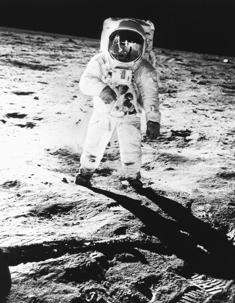 Astronaut Edwin E. Aldrin Jr., photographed by Neil Armstong, walks on the moon on July 20, 1969, after the two became the first men to land there.