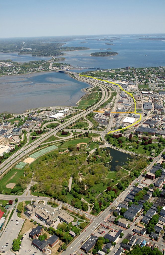 A Brian Peterson photo provided by Portland Trails shows an aerial view of a portion of the city with a yellow line marking the planned Bayside Trail – from Deering Oaks to Tukey’s Bridge.