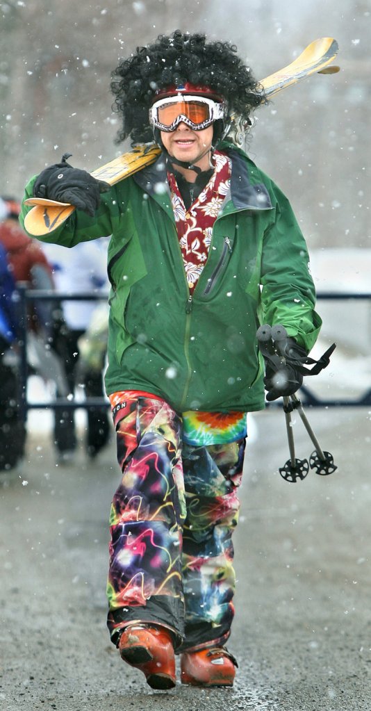 James Lancaster of Wilton heads to the Sugarloaf slopes dressed for Reggae Fest on Saturday.