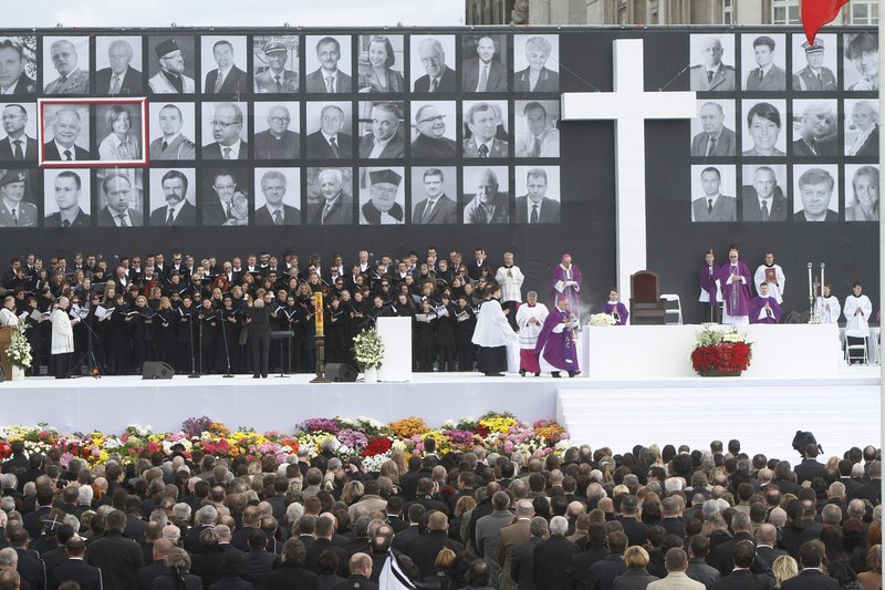 Bishops and cardinals enter the altar stage during a national memorial service on Pilsudski Square in Warsaw on Saturday. The service remembered 96 people killed in a plane crash.
