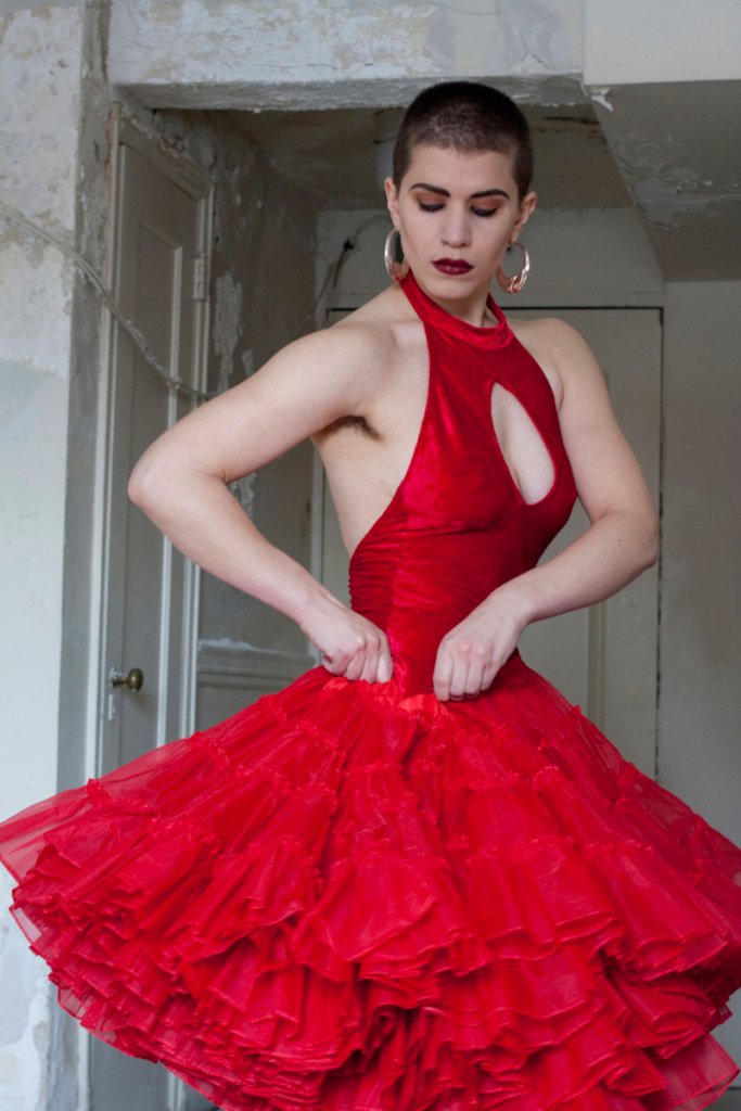 “Goldie and the Red Dress,” a photograph by Jack Montgomery on view at Susan Maasch Fine Art in Portland