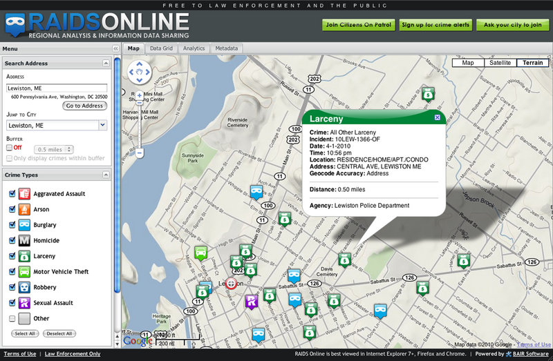 An image captured from a computer screen shows RAIDSONLINE, a Web-based mechanism for giving the public access to crime information in their community by plotting it on a Google map.