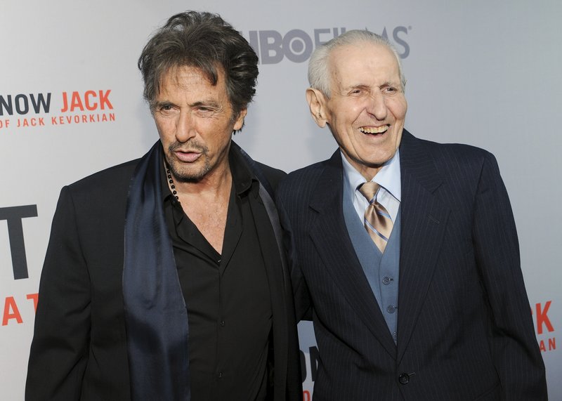 Actor Al Pacino, left, and Dr. Jack Kevorkian, assisted-suicide crusader, attend the premiere of “You Don’t Know Jack: The Life and Deaths of Jack Kevorkian” at the Ziegfeld Theatre in New York.
