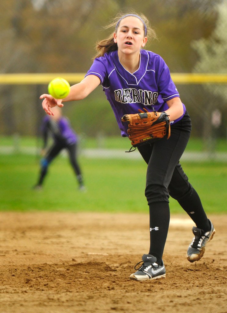 Deering's Kaylee Wheeler delivers a pitch against Biddeford on Friday. Wheeler allowed just six hits, but the Rams produced only one hit in a 5-0 loss.