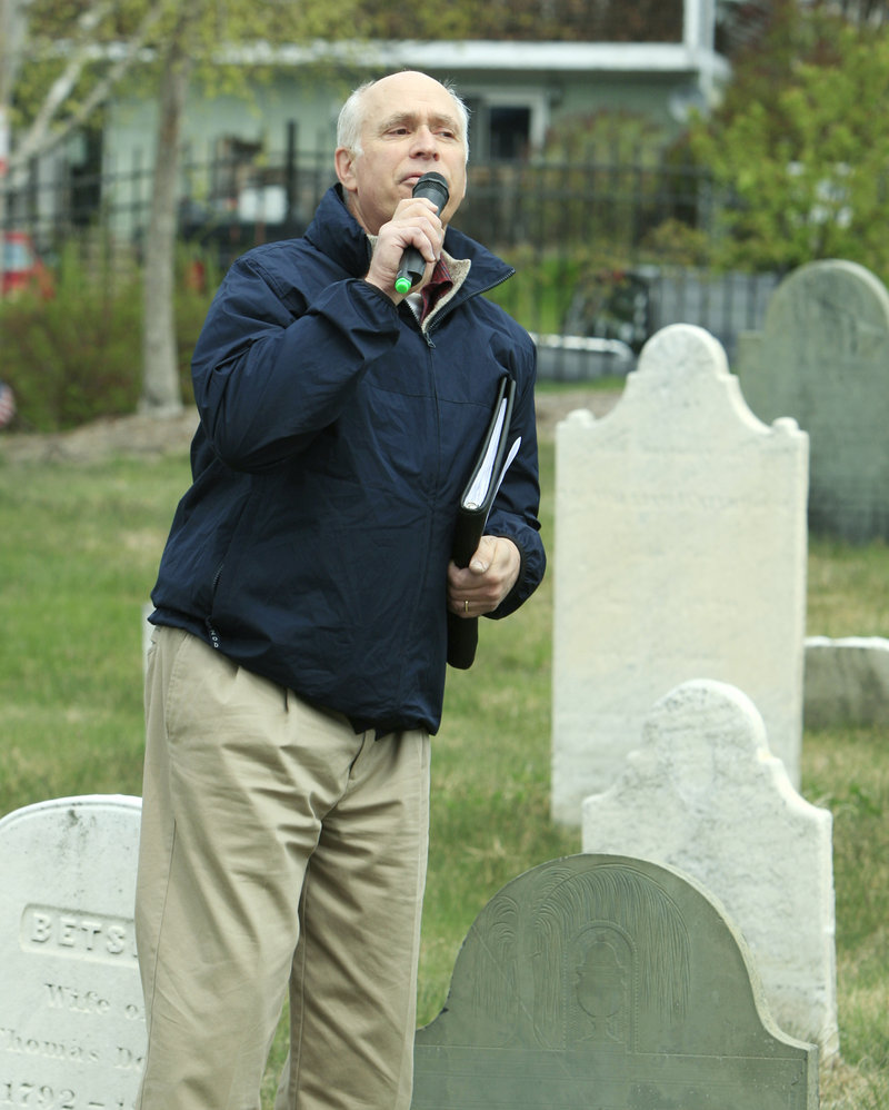 Ken Nye of Freeport recites “Tomorrow” soliloquy from Shakespeare’s “Macbeth” on Friday, which was Shakespeare’s birthday in 1564, and the date of his death in 1616. Poets from throughout Maine read Friday in support of Skold’s project.