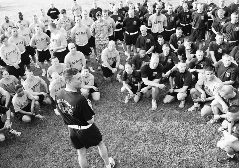 Brig. Gen. Stephen Townsend, front, speaks to soldiers at Fort Campbell, Ky. “Suicides on Fort Campbell have to stop now,” Townsend told the 101st Airborne Division recently.