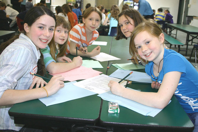 SAD 6 students, from left, Megan French, Kathryn Bearor, Mykenzy Gagnon, Morgan Hauber and Sarah Champagne participate in a team problem solving activity during the 22nd Annual Spring Math Meet at Bonny Eagle High School.