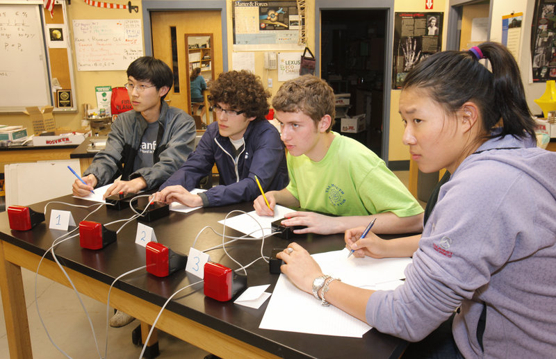From left, Falmouth High School seniors Ryan Gao, Chadwick Prichard, Benjamin Snowdon and Alyssa Yeung are four of the five students who will be traveling to Washington, D.C. to compete in the National Science Bowl this weekend. The three-year-old team won the Northern New England competition on its first try.