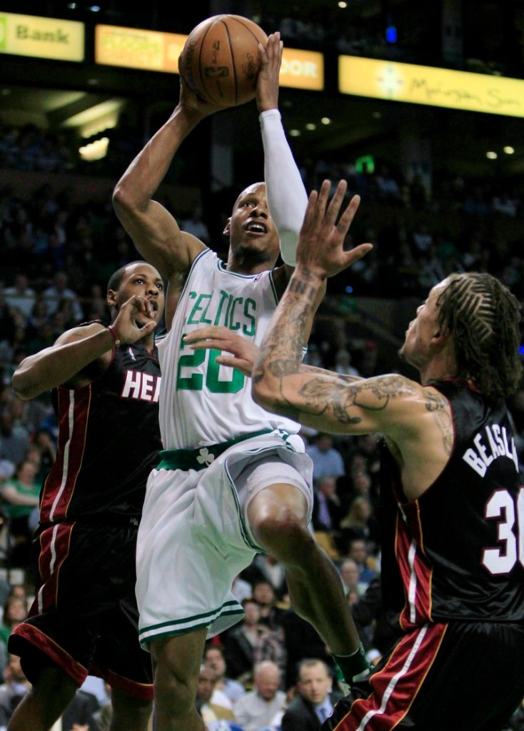 Ray Allen of the Boston Celtics drives against Dorell Wright of the Miami Heat during the second half of the Celtics’ series-clinching 96-86 victory Tuesday night in Game 5.
