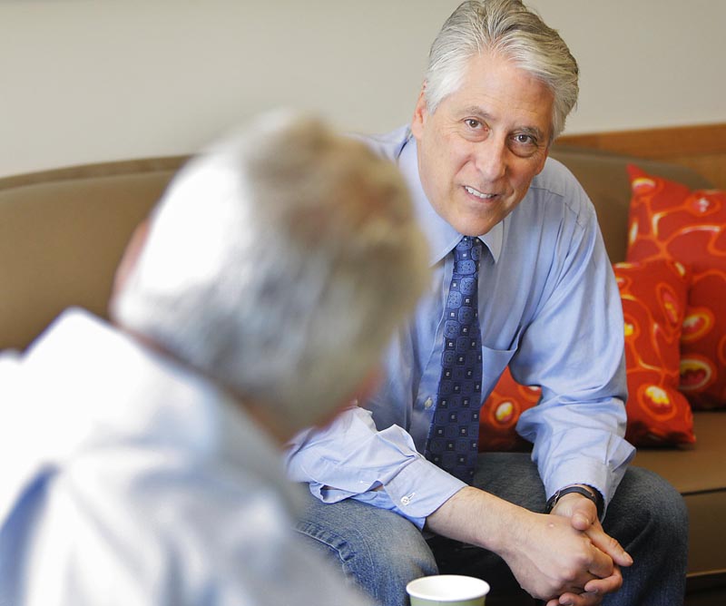 Republican gubernatiorial candidate Les Otten, seen here in a recent meeting in Portland, has emerged as the best-known among the seven GOP hopefuls seeking their party’s nod in the June 8 primary.