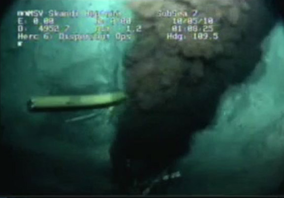 This undated image from video provided by the Senate Environment and Public Works Committee shows oil gushing from the blown well in the Gulf of Mexico. Scientists said they have found at least two sprawling underwater plumes of what appears to be oil, each hundreds of feet deep and stretching for miles.