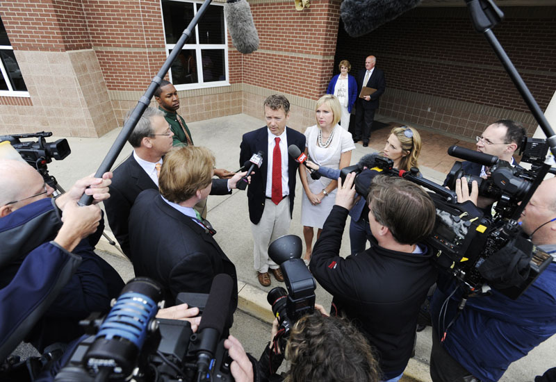 Republican U.S. Senate candidate Rand Paul and his wife Kelley Paul speak with the media after voting in Bowling Green, Ky. Tuesday. Paul defeated fellow Republican Trey Grayson in the primary election.