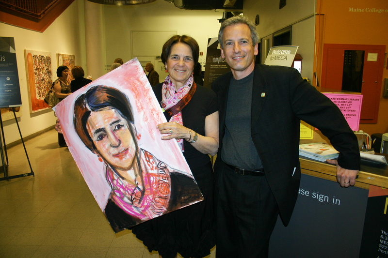 Trustee Mary Schendel, with a portrait created by Martha Miller, and Vice President of Advancement Tim Kane.