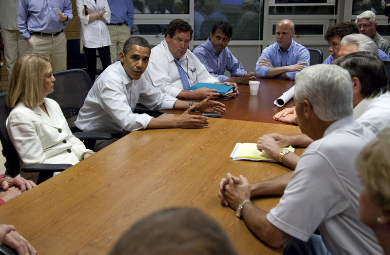 President Obama meets with state and federal officials for an update on the Gulf Coast oil spill today in Grand Isle, La. From left are, Lafourche Parish President Charlotte Randolph. the president, Plaquemines Parish President Billy Nungesser, Louisiana Gov. Bobby Jindal, and New Orleans Mayor Mitch Landrieu.