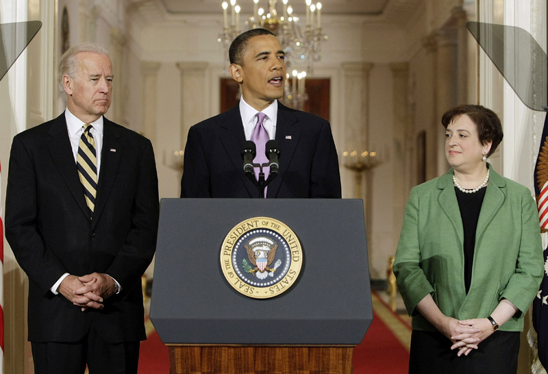 President Barack Obama introduces Solicitor General Elena Kagan as his choice for Supreme Court Justice at the White House today, as Vice President Joe Biden listens.
