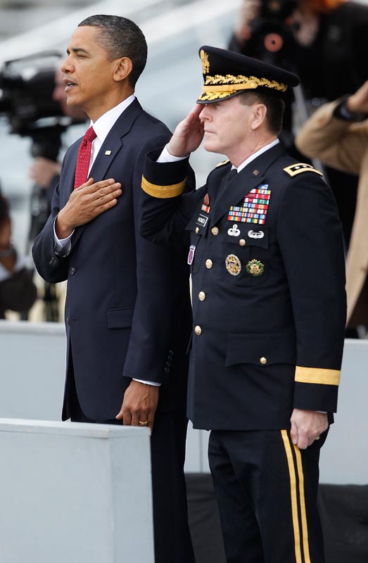 President Obama and Lt. Gen. Franklin Hagenbeck, superintendent at the U.S. Military Academy, stand for the national anthem before a commencement and commissioning ceremony Saturday in West Point, N.Y.