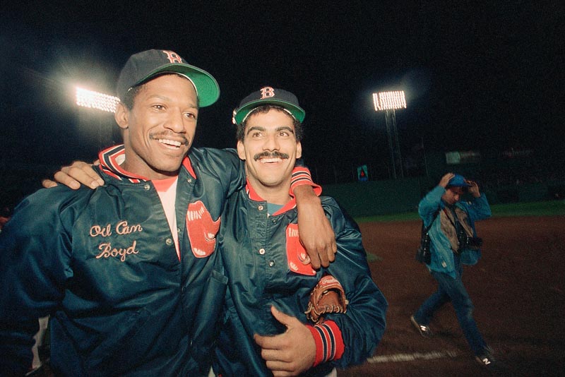 Dennis “Oil Can” Boyd, left, with a teammate, Ed Romero, was the toast of Boston in 1985 and ’86 when he totaled 31 wins for the Red Sox and helped them to the World Series in 1986. He never reached those peaks again, but remains a crusader for baseball and independent league teams that promise a chance.