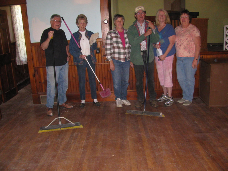 Waterborough Historical Society members who converged on the Waterboro Grange Hall No. 432 property to spruce the place up in advance of an open house are, from left, president Jim Carll, board member Ginny Day, members Janet and David Johnson, board member Cindy Durney and project chair Dianne Holden.