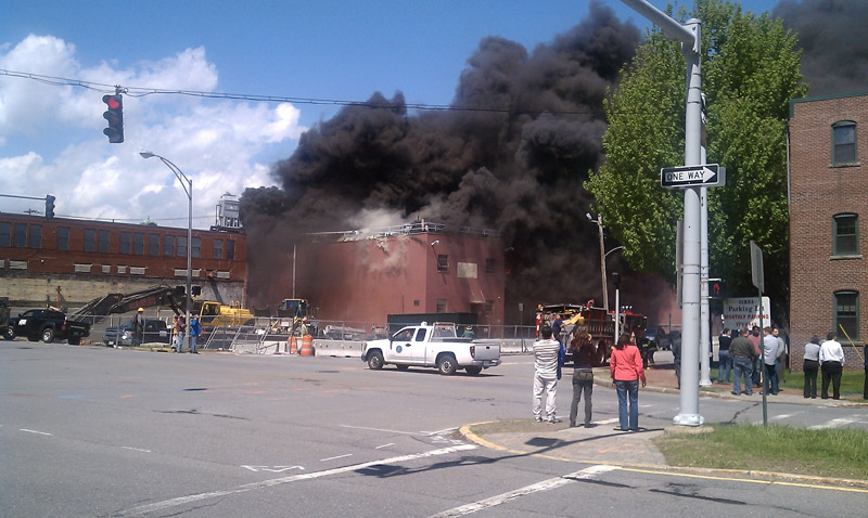 Photo taken by Nick DeLorenzo shows the fire at the former Jordan Meats plant as seen from Franklin Arterial.