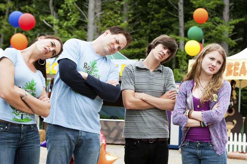 Brooke Shields, left, Brendan Fraser, Matt Prokop and Skyler Samuels in "Furry Vengeance."