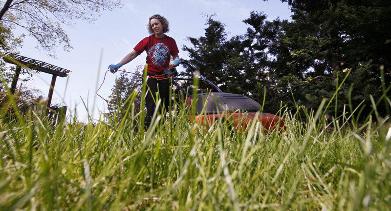 Jane Witmer runs the mower over her lawn, which she keeps organic because, she says, “It’s better for my health, and the health of my pets and my family. (And) it’s better for the health of the bugs and the birds in the yard.”