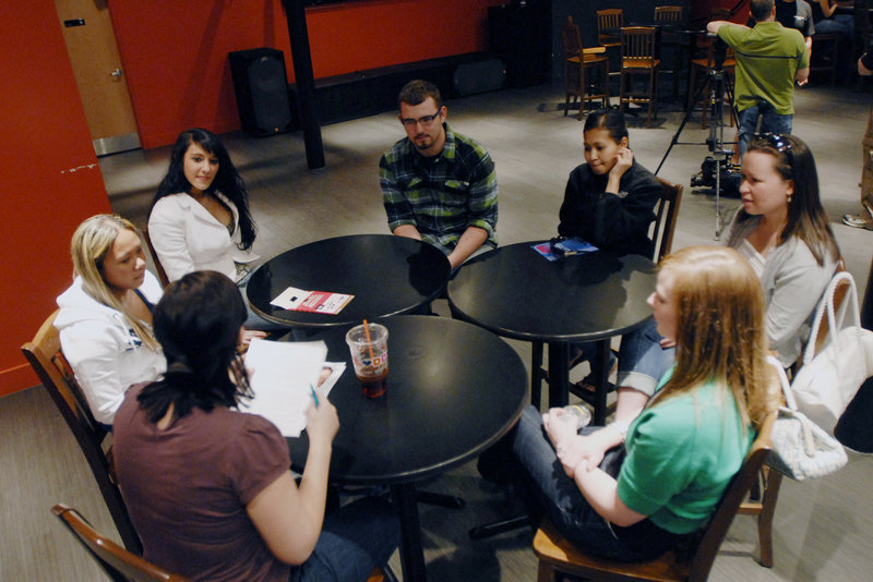 Jessica Thompson, lower left, a casting director for “The Real World,” interviews a group of applicants in Portland. Those who make the cut will participate in more in-depth interviews today.
