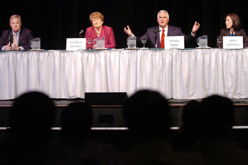 Democratic candidates for governor include, from left, Patrick McGowan, Elizabeth Mitchell, Steven Rowe and Rosa Scarcelli. The four were participating in a gubernatorial primary debate at Husson University in Bangor on Monday evening.