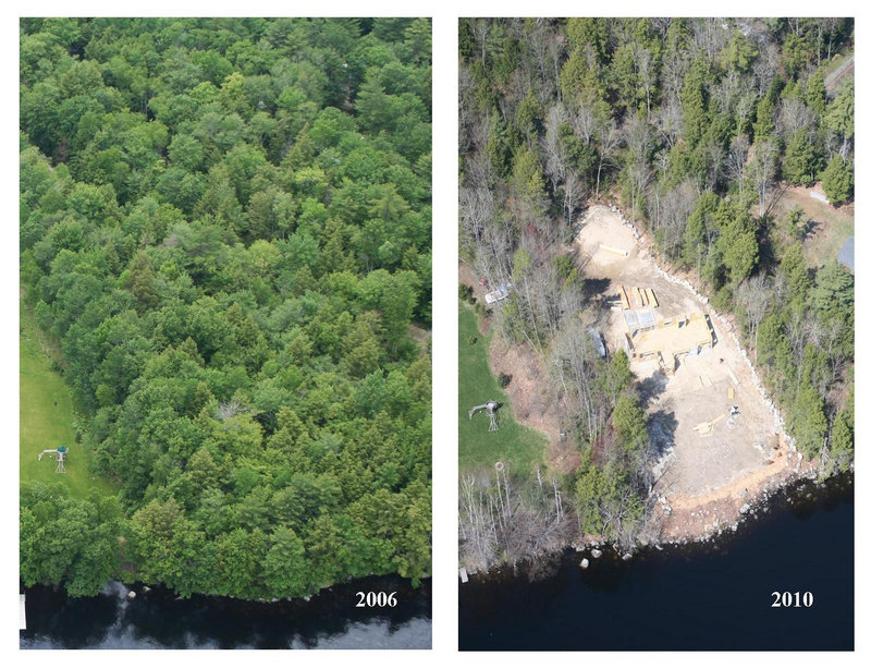 Aerial photographs show a parcel on Long Lake in Naples in 2006, left, and in April, after trees had been cleared from the site for a house development.