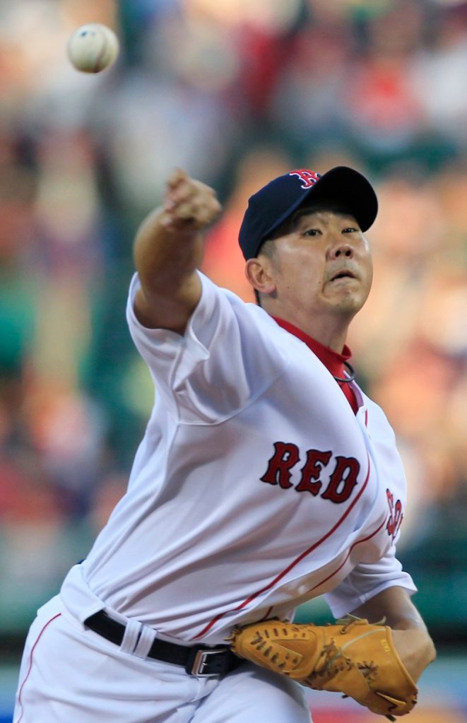 Daisuke Matsuzaka had early control problems for the Red Sox, giving up four runs, but recovered to retire 13 of the last 16 batters he faced.