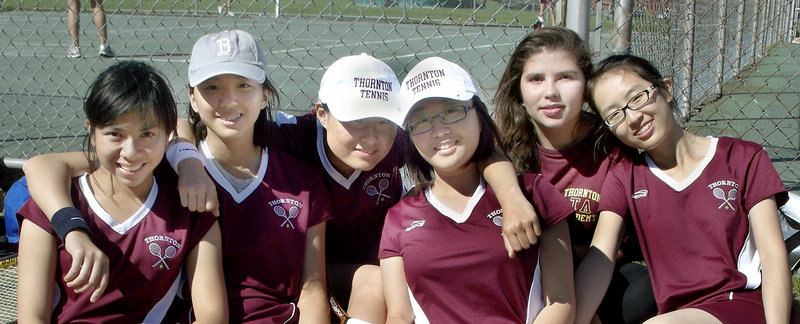 The Thornton Academy junior varsity girls tennis team includes six international students. They are, left to right, Melody Chen, Suzy Sun, Autumn Qiu, Calsi Wang, Daniela Montoya and Rita Miao.
