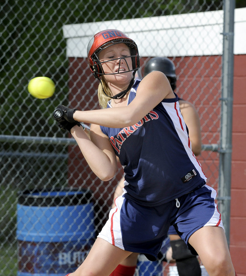 Kassie Wilson of Gray-New Gloucester holds up from swinging at a high pitch Friday. Fryeburg Academy took charge early and came away with a 10-4 victory.