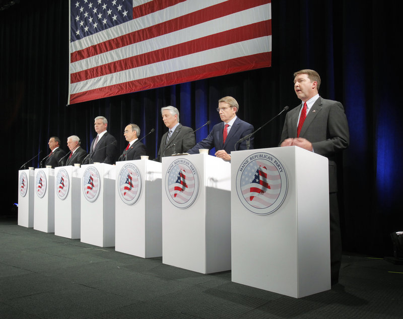 The seven Republican gubernatorial candidates participate in a debate Friday night during the party’s convention at the Portland Expo. Left to right, they are: Paul LePage of Waterville; Bill Beardsley of Ellsworth; Steve Abbott of Portland; Bruce Poliquin of Georgetown; Les Otten of Greenwood; Peter Mills of Cornville; and Matt Jacobson of Cumberland.