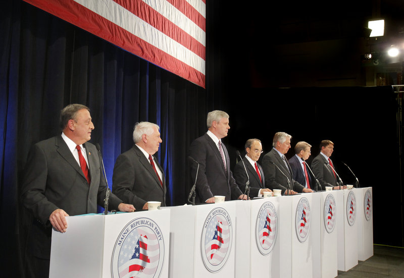 The GOP gubernatorial candidates confronted the issues at a debate at the Portland Expo on Friday. From left are Paul LePage, Bill Beardsley, Steve Abbott, Bruce Poliquin, Les Otten, Peter Mills and Matt Jacobson.